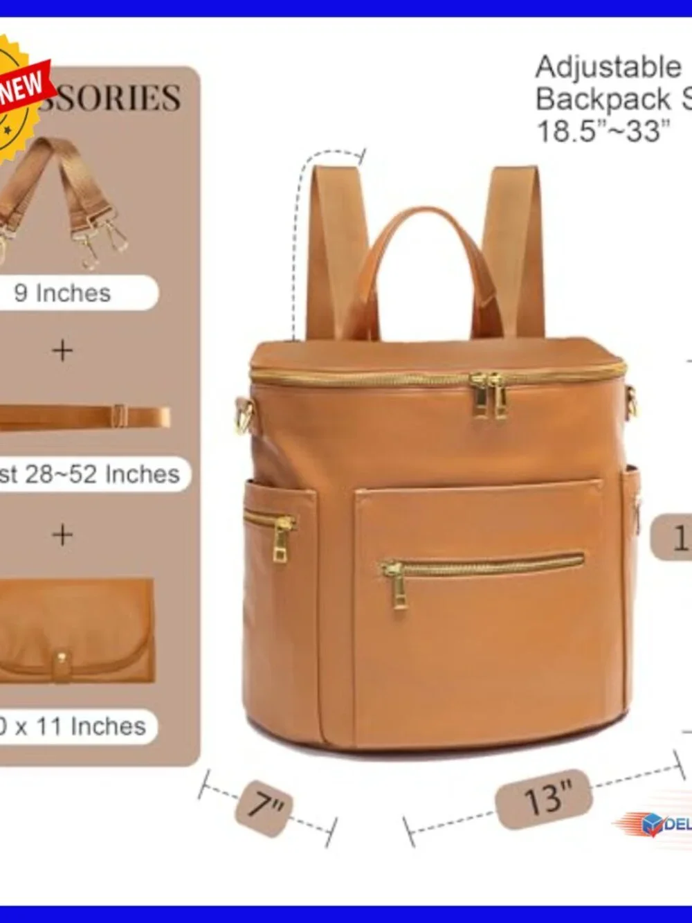 Large Leather Diaper Backpack with Laptop Sleeve & Changing Pad